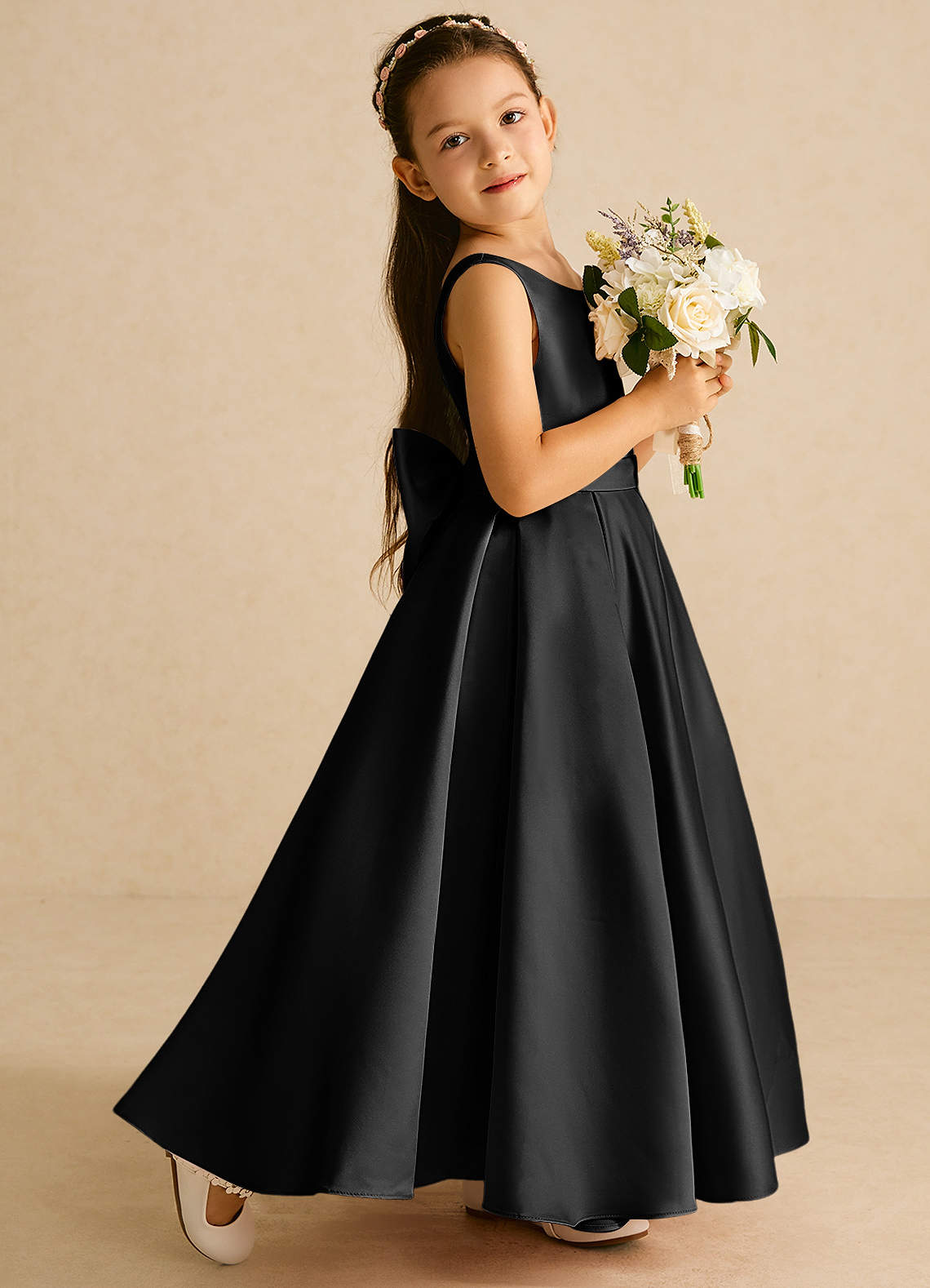 Azazie Pipsy Black A-Line Bow Matte Satin Dress | Azazie