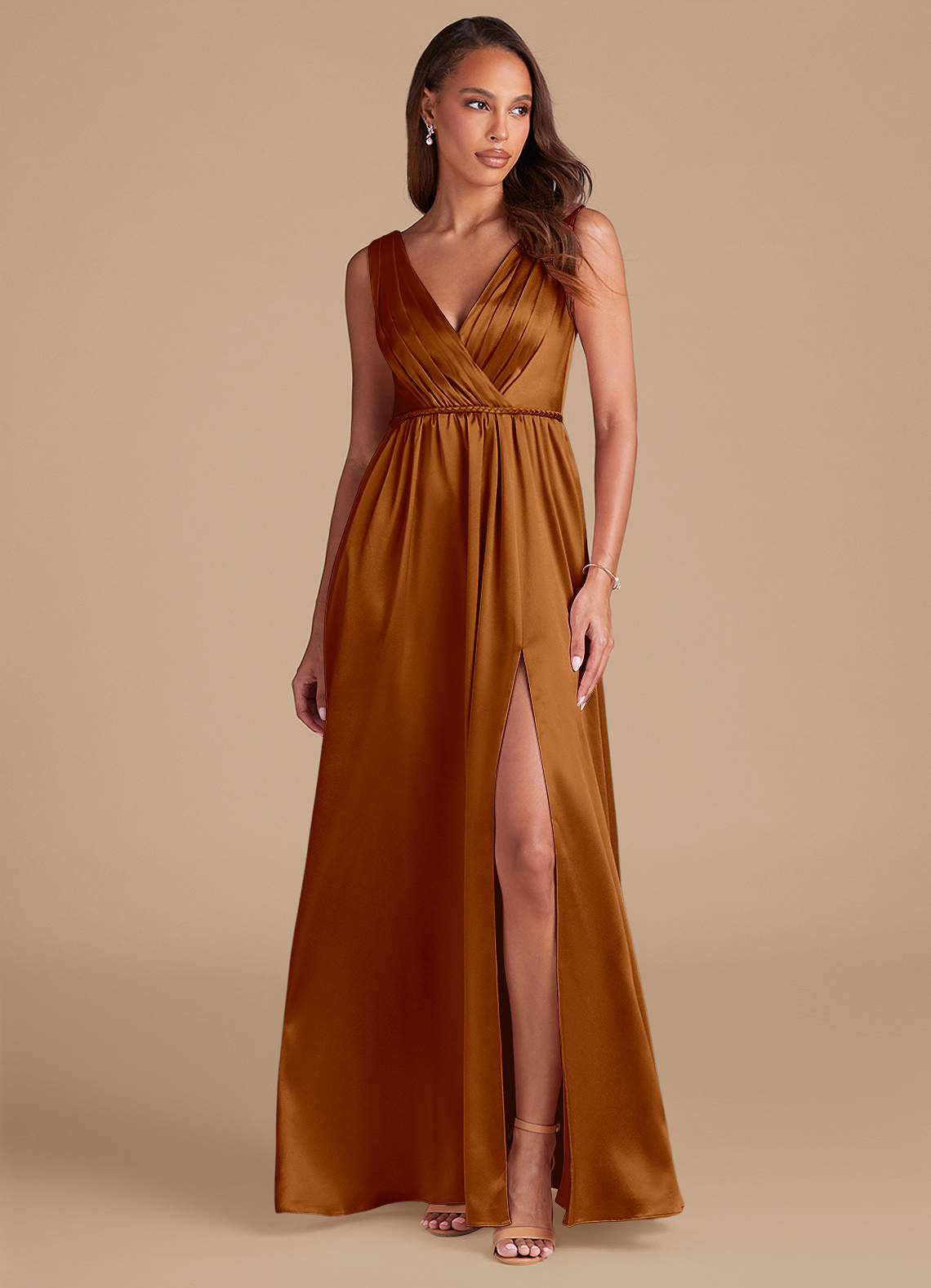 Azazie Tanicia Ready to Ship Copper Metallic Satin Bridesmaid Dresses |  Azazie