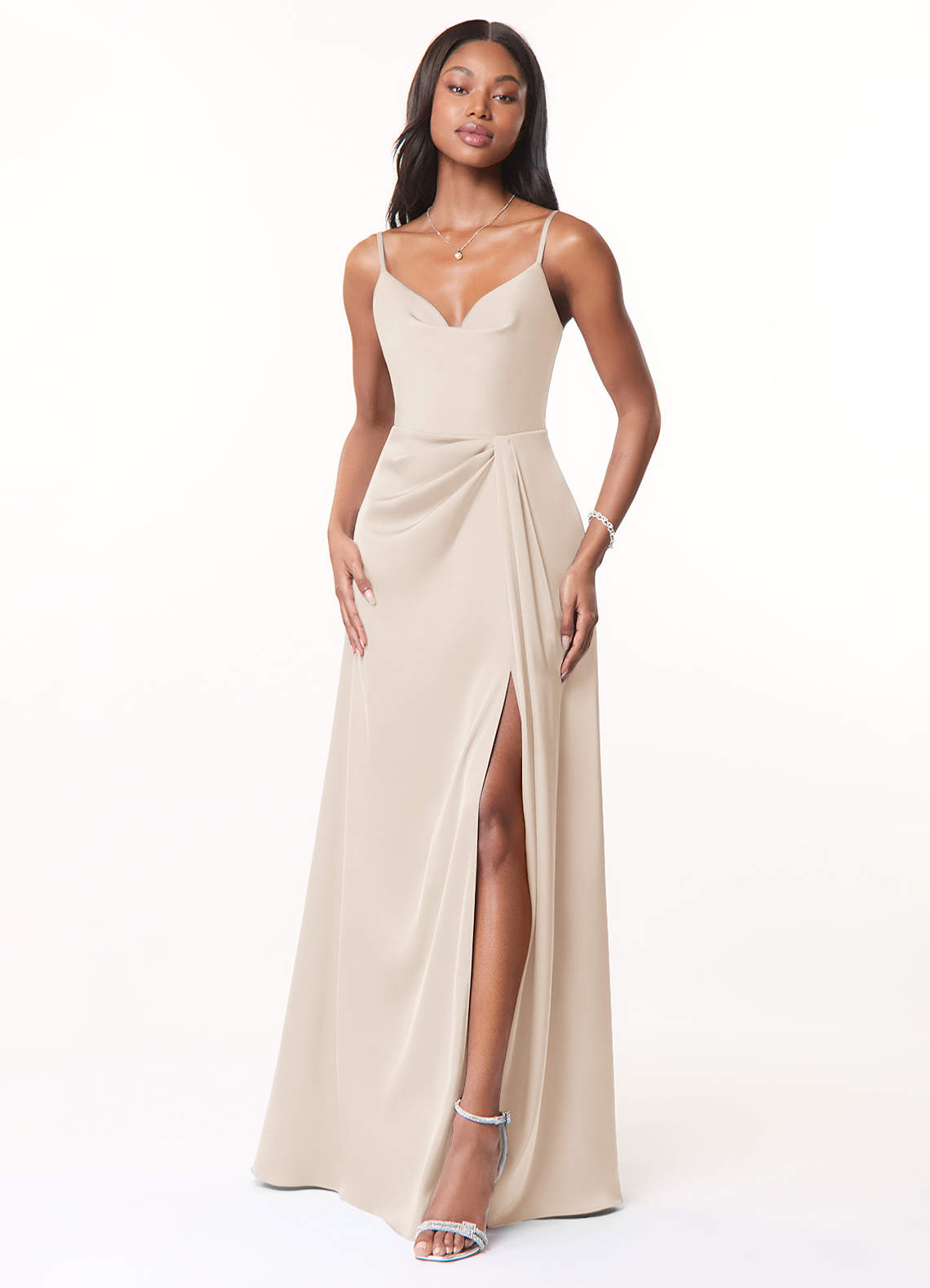 Azazie Brielle Robes de demoiselle d'honneur Robe Trapèze en Satin extensible Bretelles spaghetti Albâtre Blanc image1