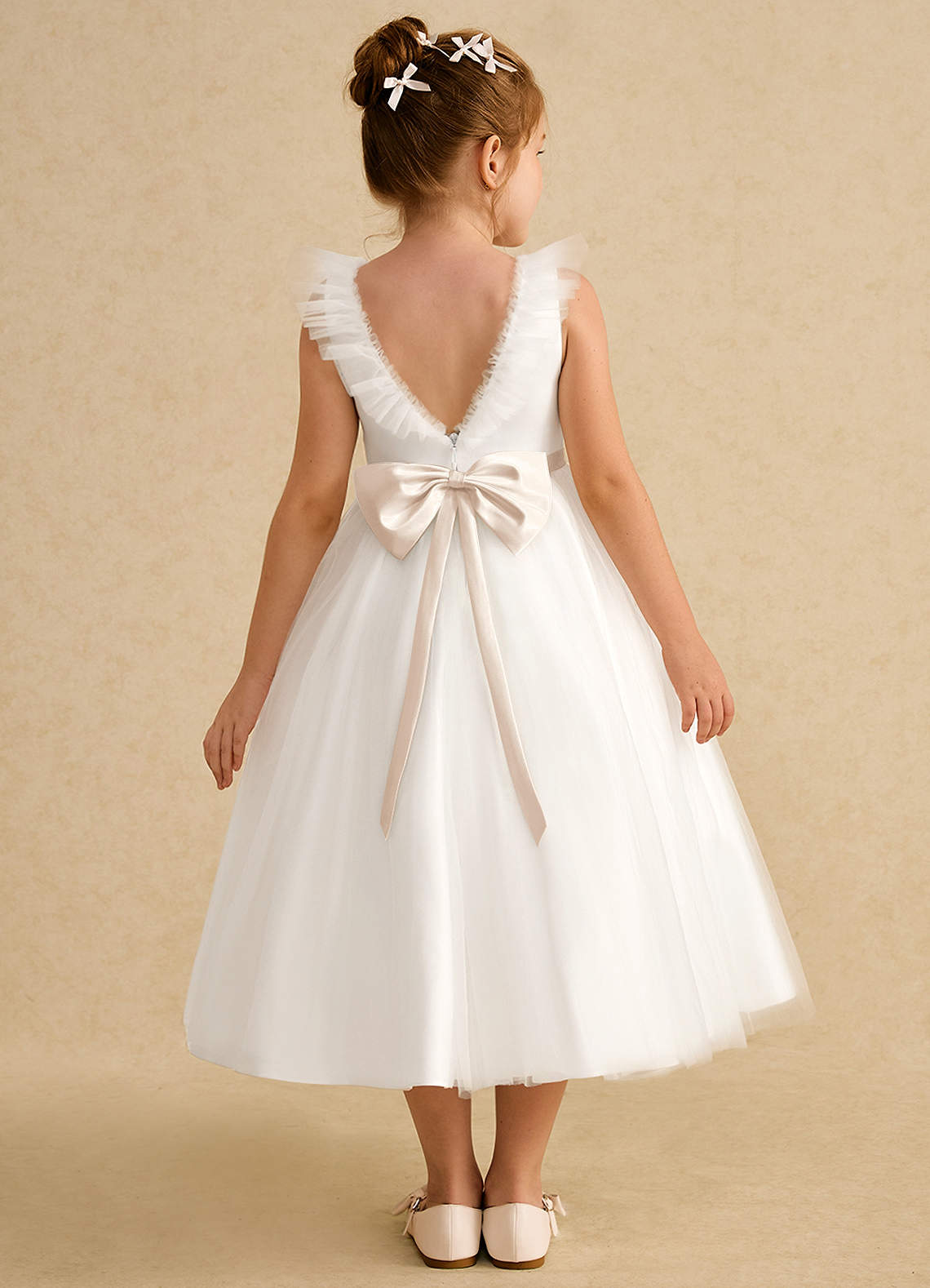 Azazie Amber Flower Girl Dresses Ivory White Alabaster A-Line Bow Tulle Dress image1