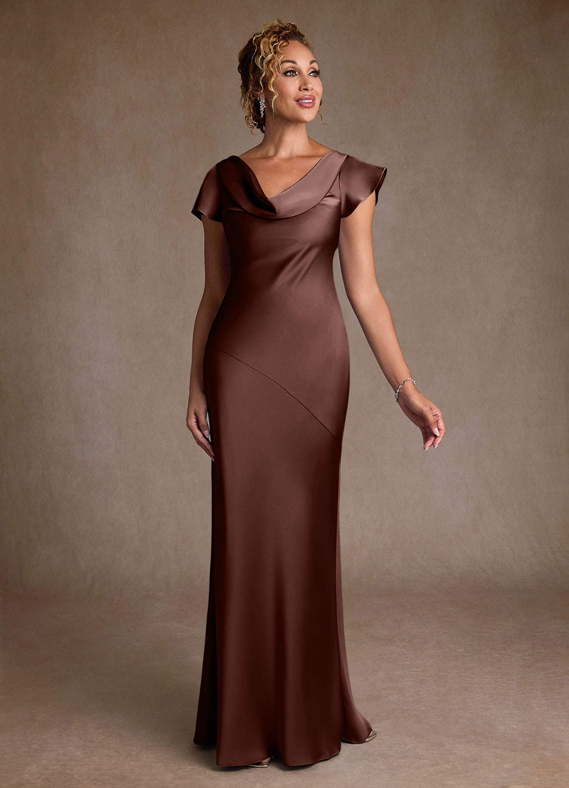Azazie Shelby Mother of the Bride Dresses Espresso Mermaid Pleated Stretch Satin Dress image2