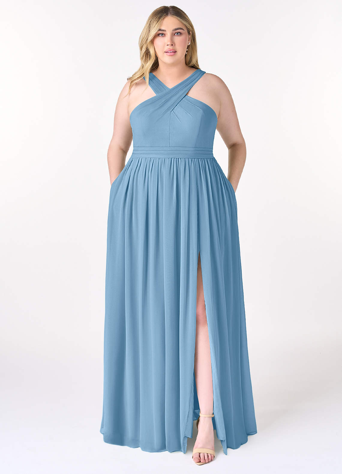 Azazie Elvira Brautjungfernkleider A-Linie Plissee Chiffon Kleid Stahlblau image1