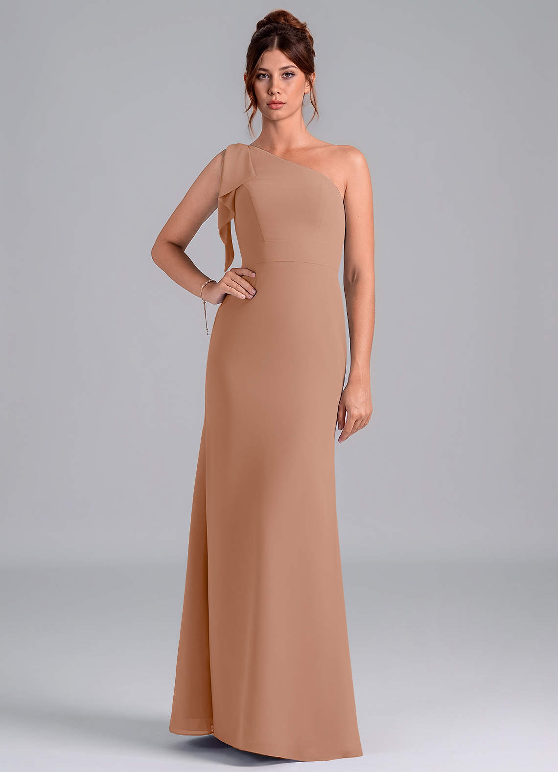 Azazie Rinna Bridesmaid Dresses Champagne Rose Mermaid One Shoulder Chiffon Dress image1