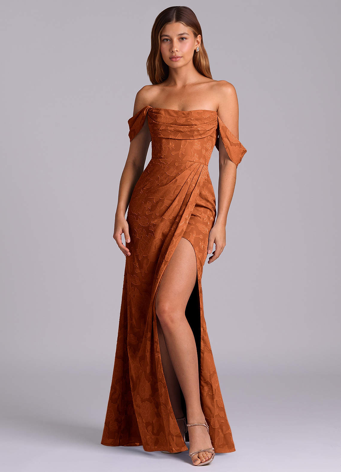burnt orange off shoulder dress Sexy Burnt Orange Mermaid Off Shoulder Maxi Long Wedding Guest Bridesm   SposaDresses