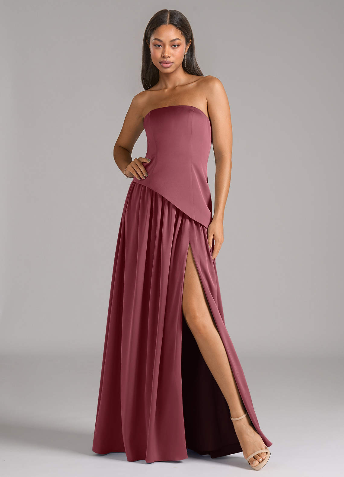 Azazie Adeline Bridesmaid Dresses Desert Rose A-Line Strapless Stretch Satin Convertible Dress image1