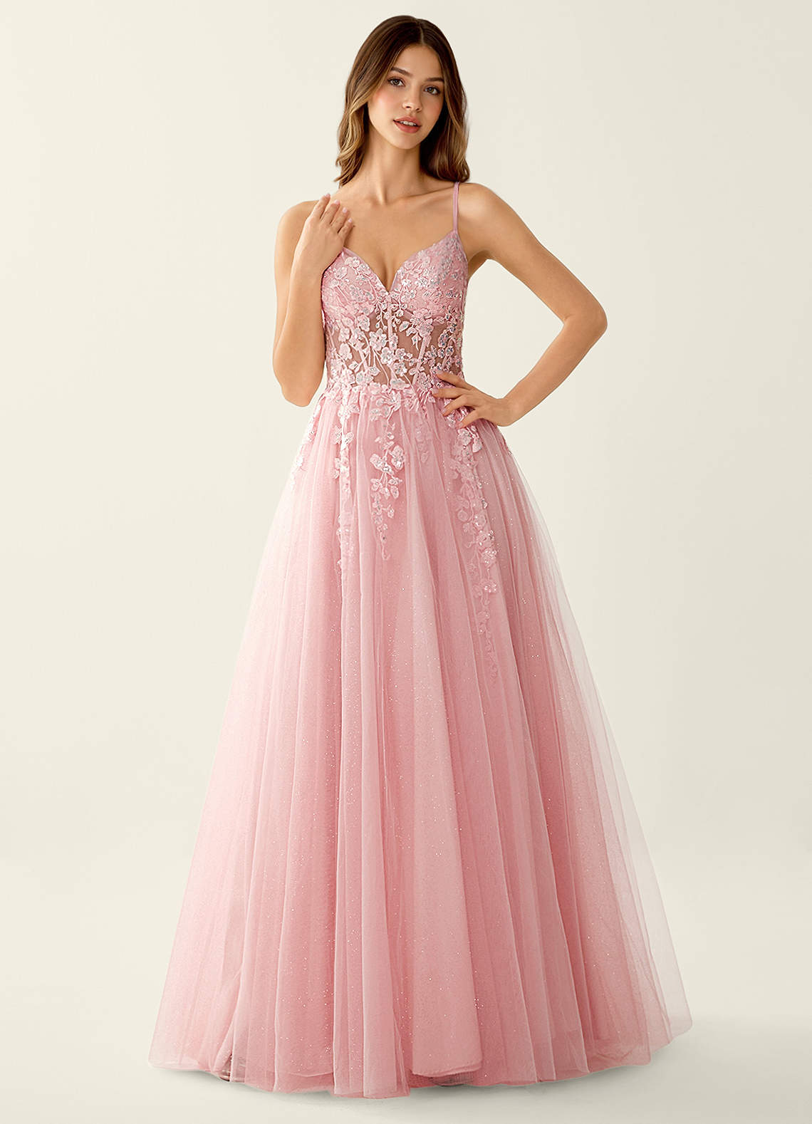 Mayami Pink Lace Sequin Embroidery Tulle Prom Dress | Azazie