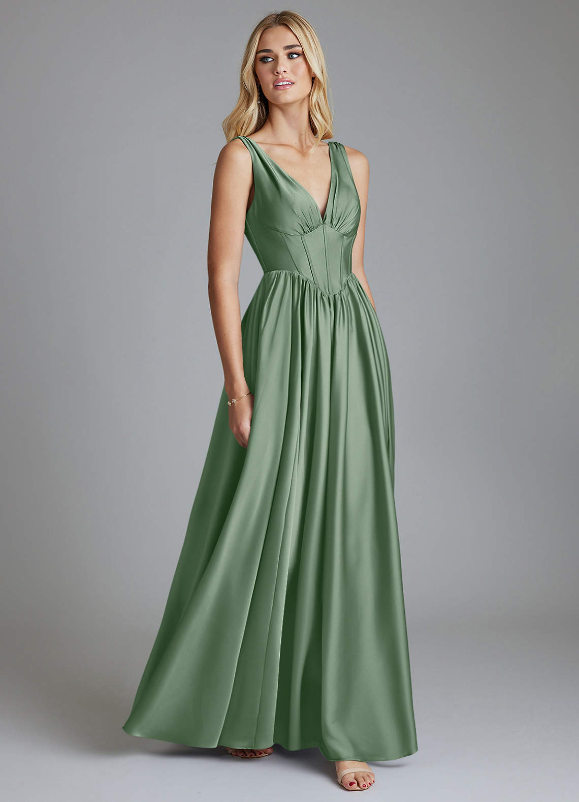 Azazie Delmie Vestidos de madrinha de casamento Vestido Matchá de Cetim elástico de Linha A com Corpete image4
