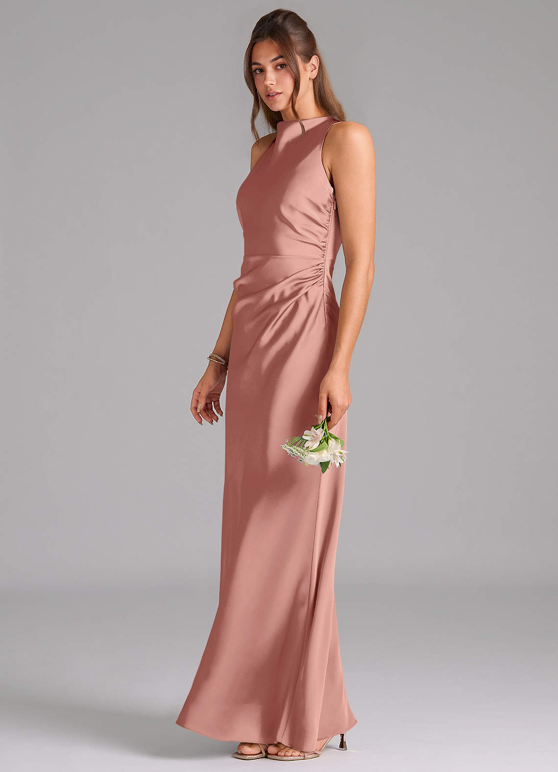 Azazie Evadne Bridesmaid Dresses Rosette A-Line Pleated Stretch Satin Dress image1