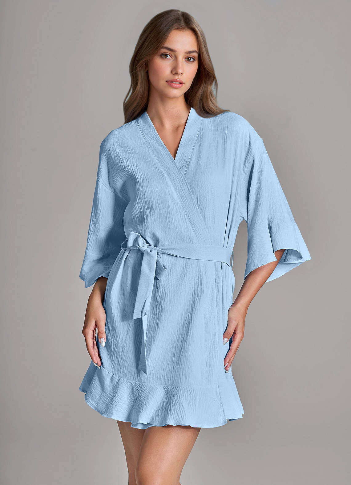front Matching Color 2-Piece Ruffled Cloud-Soft Robe and Slip Set
