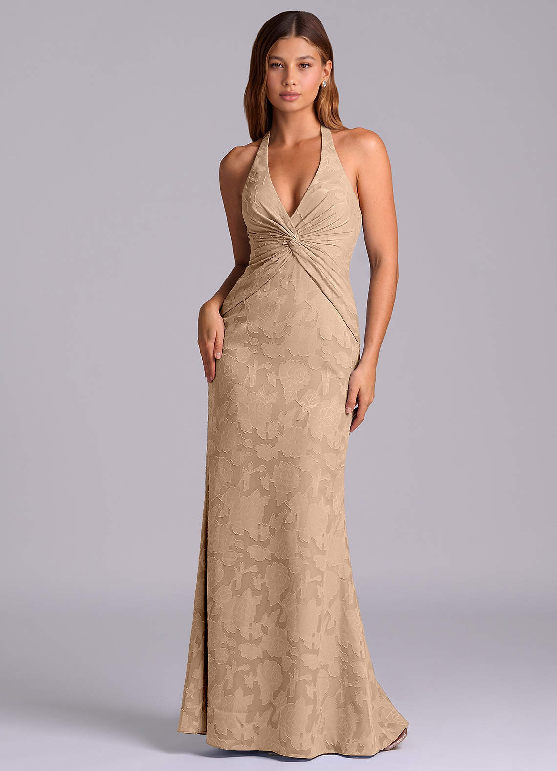 Azazie Valerie 신부 들러리 드레스 인어 주름진 플로럴 번아웃 바닥 길이 드레스 image1