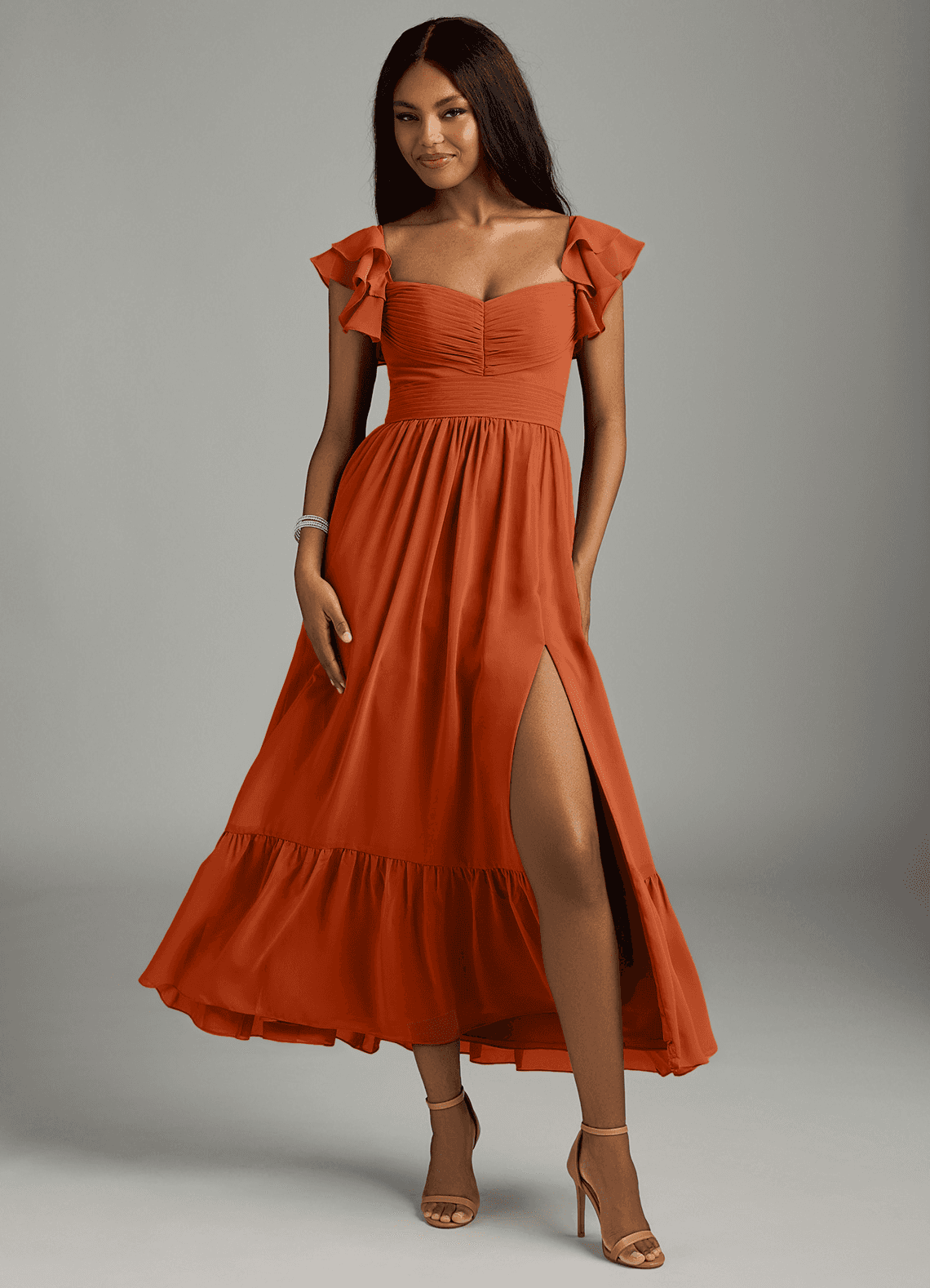 Azazie Anaya Bridesmaid Dresses Burnt Orange A-Line Pleated Chiffon Dress image1