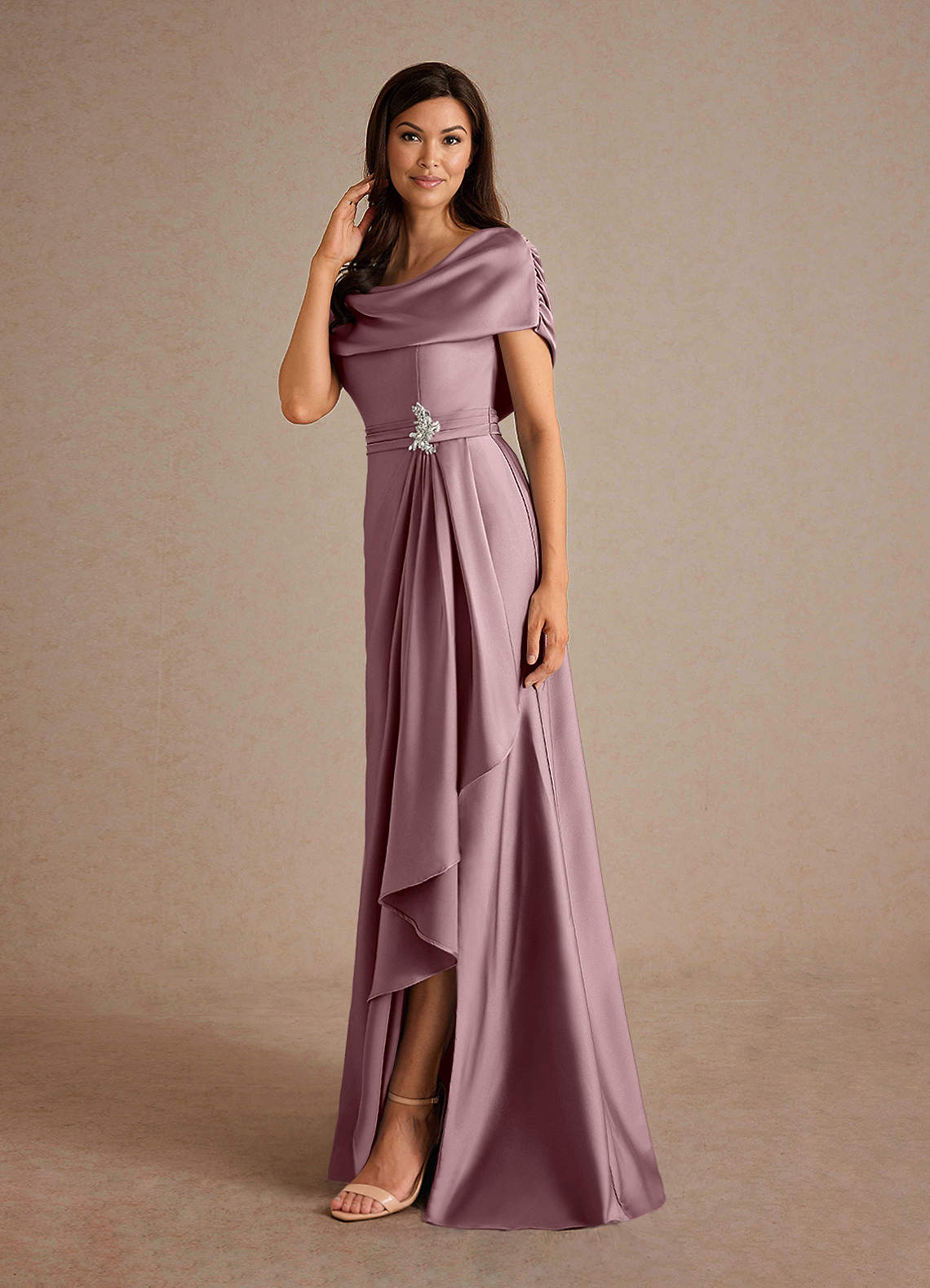 Azazie Branford Mother of the Bride Dresses Dusty Rose A-Line Pleated Stretch Satin Dress image1