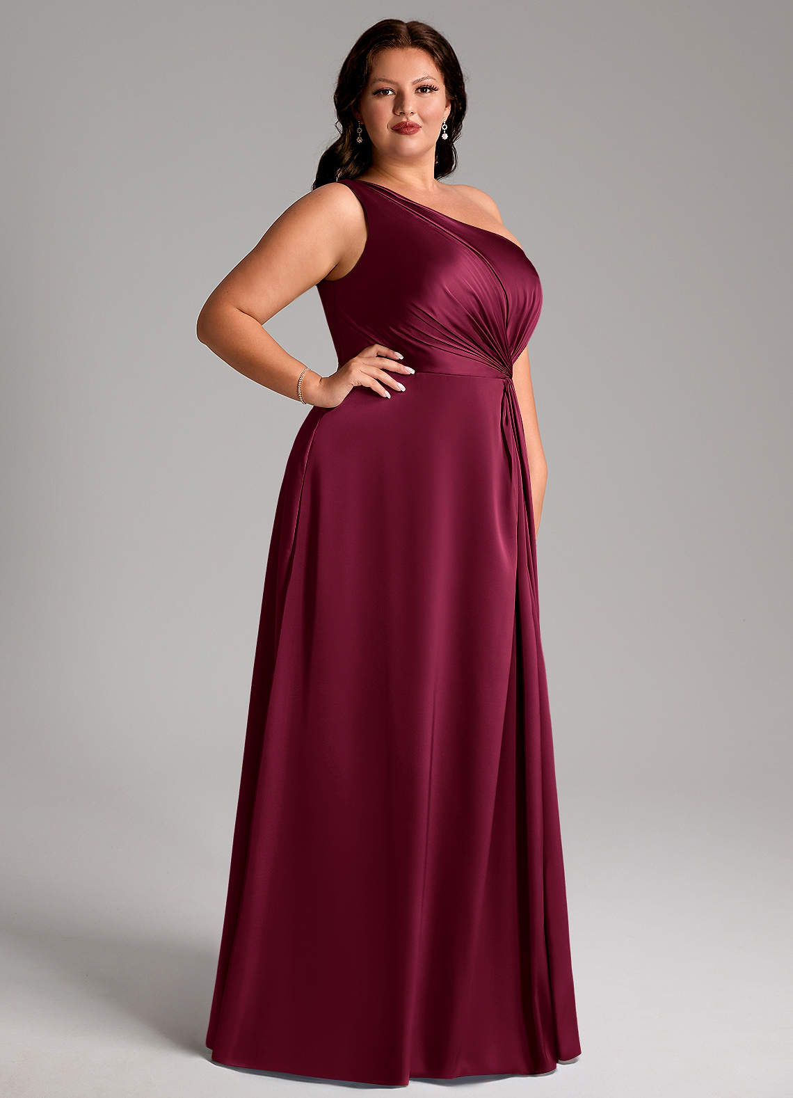 Azazie Brooke Bridesmaid Dresses Burgundy A-Line One Shoulder Stretch Satin Dress image10