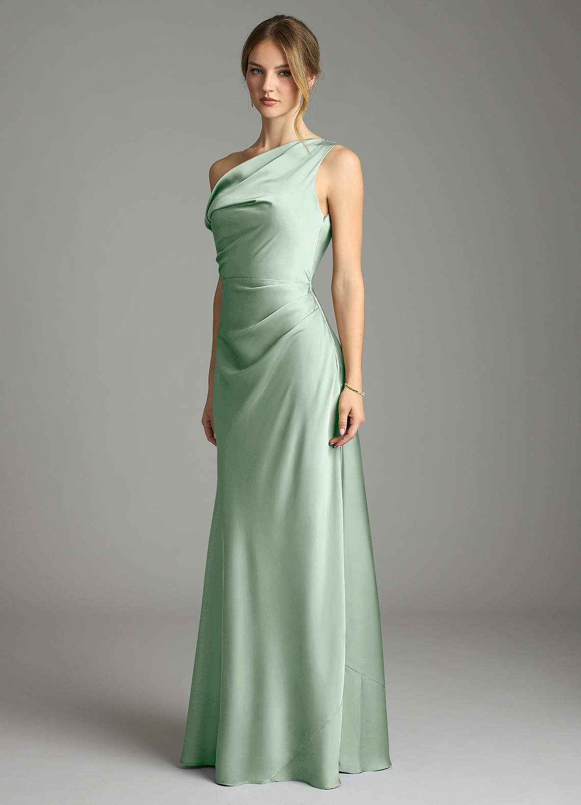 Azazie Emerson Bridesmaid Dresses Agave Mermaid Off the Shoulder Stretch Satin Dress image3