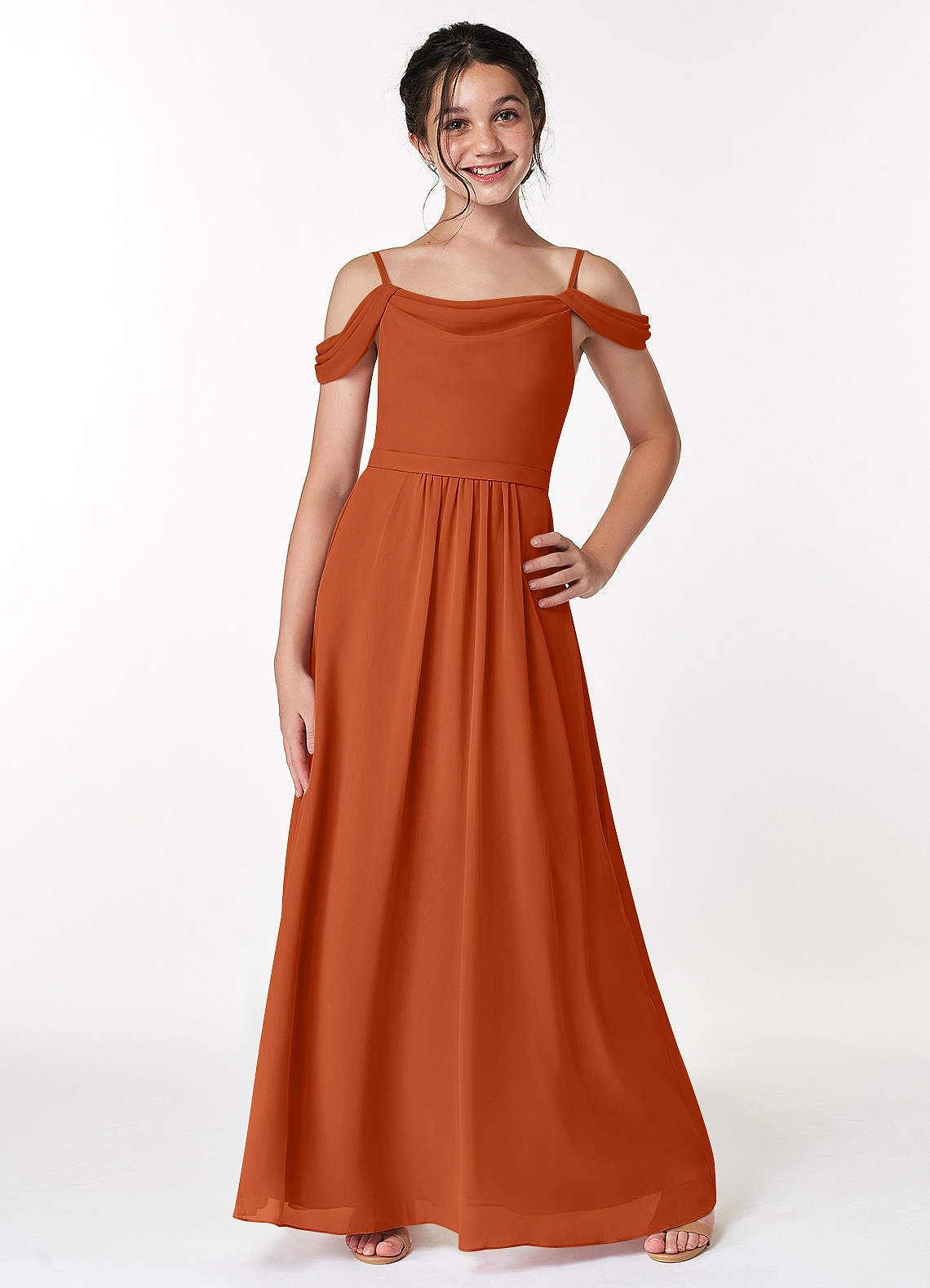 Azazie Alivia Junior Burnt Orange A-Line Off the Shoulder Chiffon Dress image1