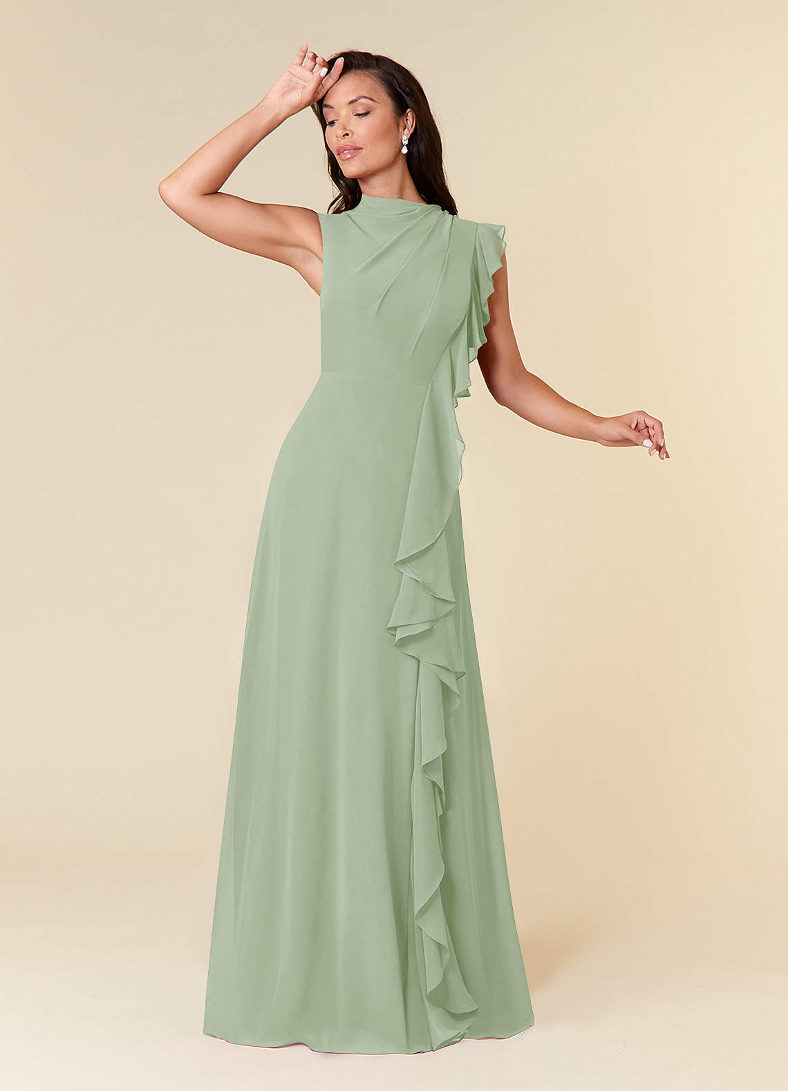Azazie Narine Abiti per la Madre della Sposa Abito A-Line in Chiffon con Scollo Alto a Pieghe Verde Salvia image1