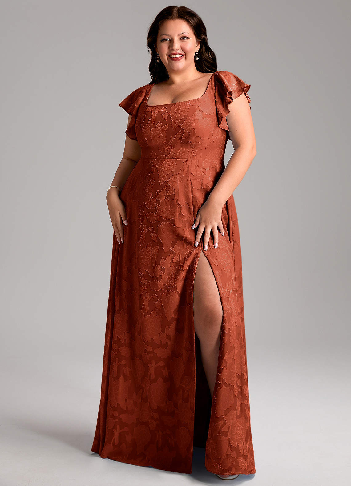 Azazie Bondi Bridesmaid Dresses Auburn A-Line Side Slit Floral Burnout Dress image1