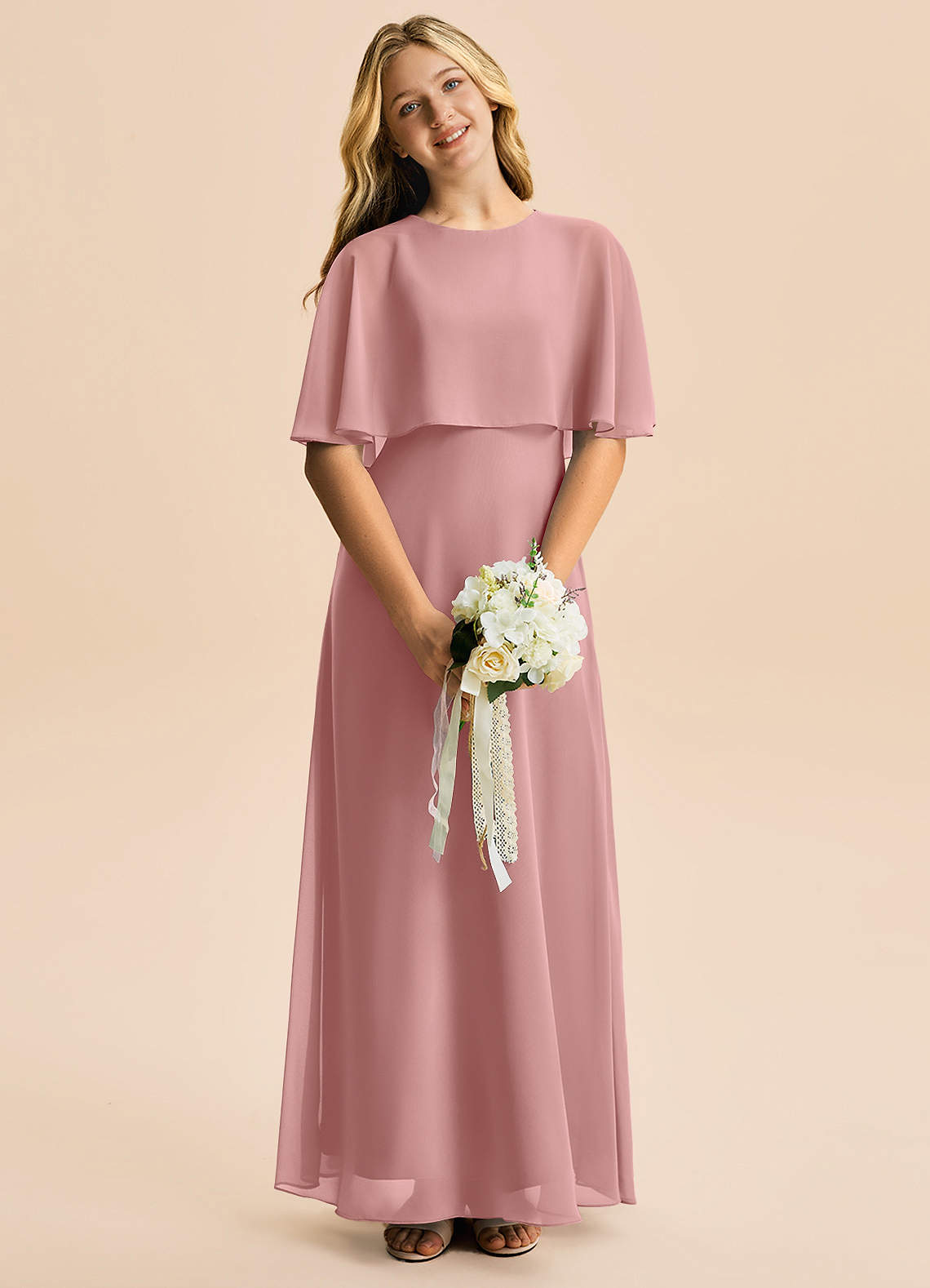 Azazie Maris Junior Abito A-Line in Chiffon Rosa Polverosa image3