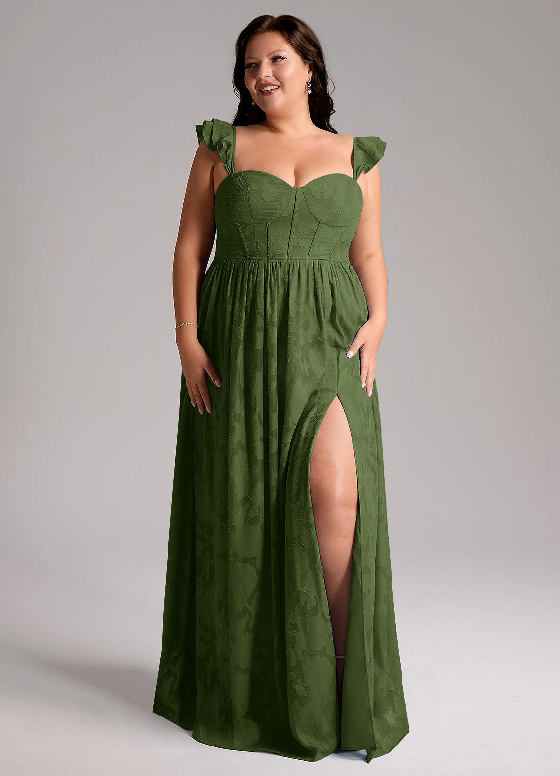 Azazie Denisse Vestidos de madrinha de casamento Vestido Oliva de Esgotamento Floral de Linha A com Ruched image8