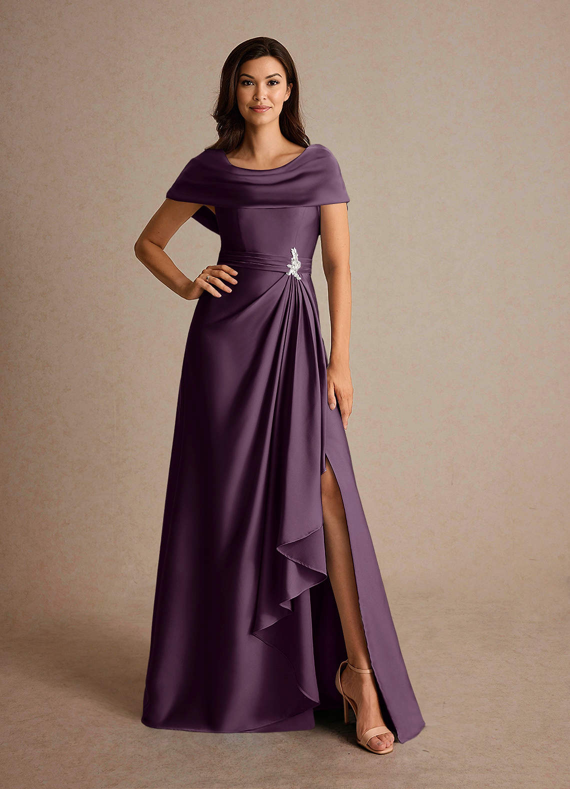 Azazie Branford Mother of the Bride Dresses Plum A-Line Pleated Stretch Satin Dress image4