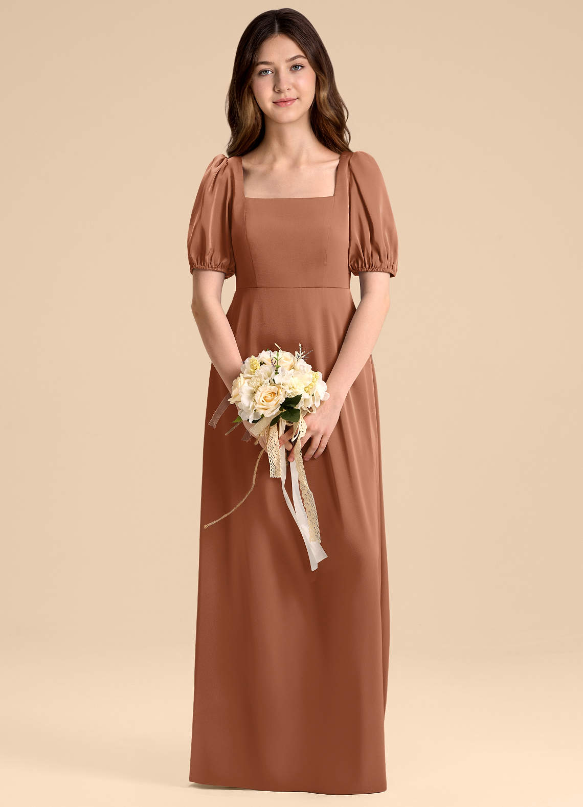 Azazie Briar Junior Vestido de Bronceador de Satén Elástico de Corte en A con Lazo image1