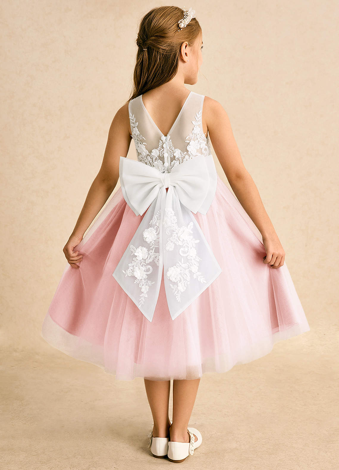 Azazie Ball-Gown Scoop Neck Tea-Length Tulle Flower Girl Dresses - Ivory/Blushing Pink