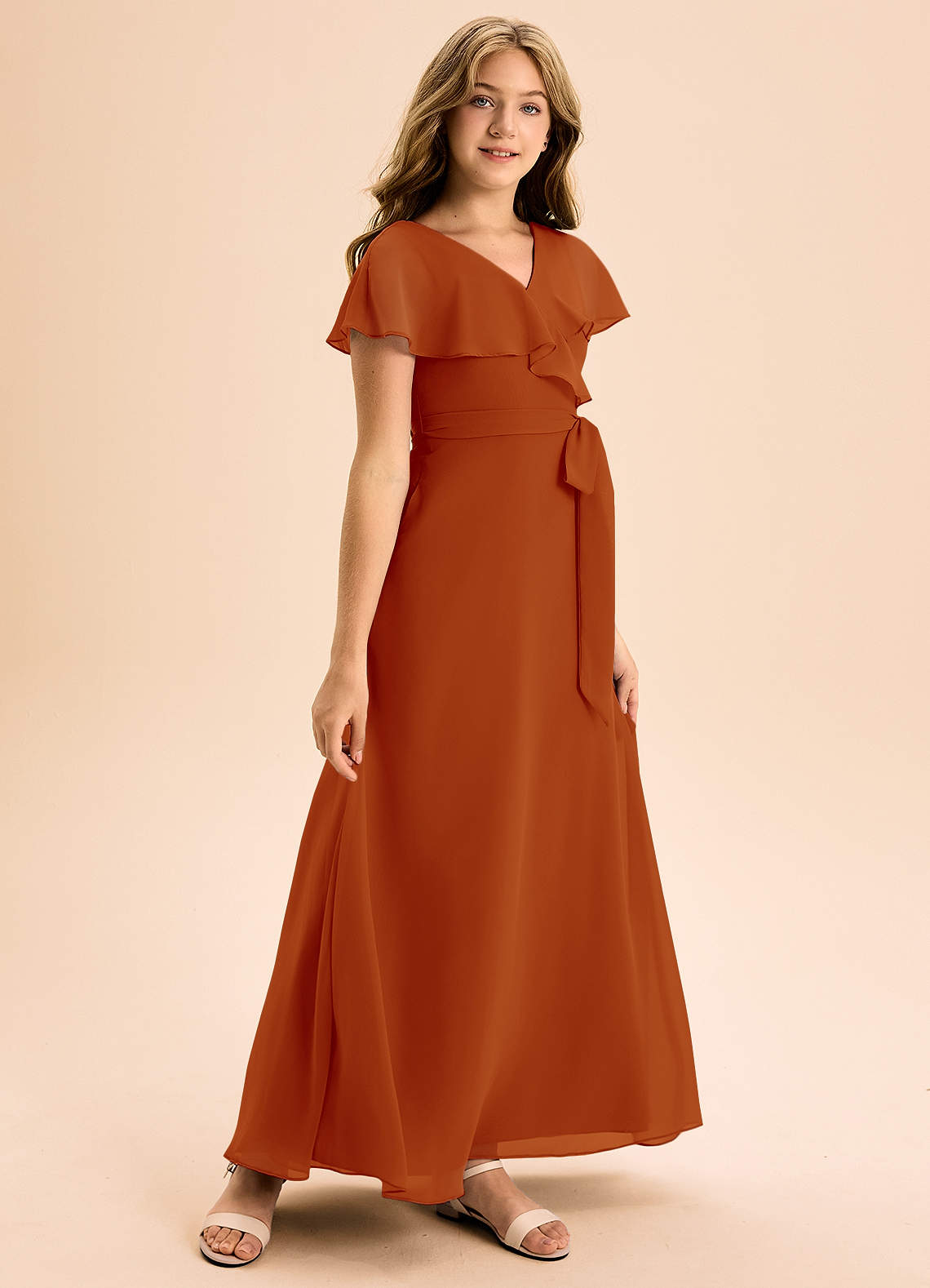 Azazie Lainey Junior Abito A-Line in Chiffon Con Tasche Paprika image1