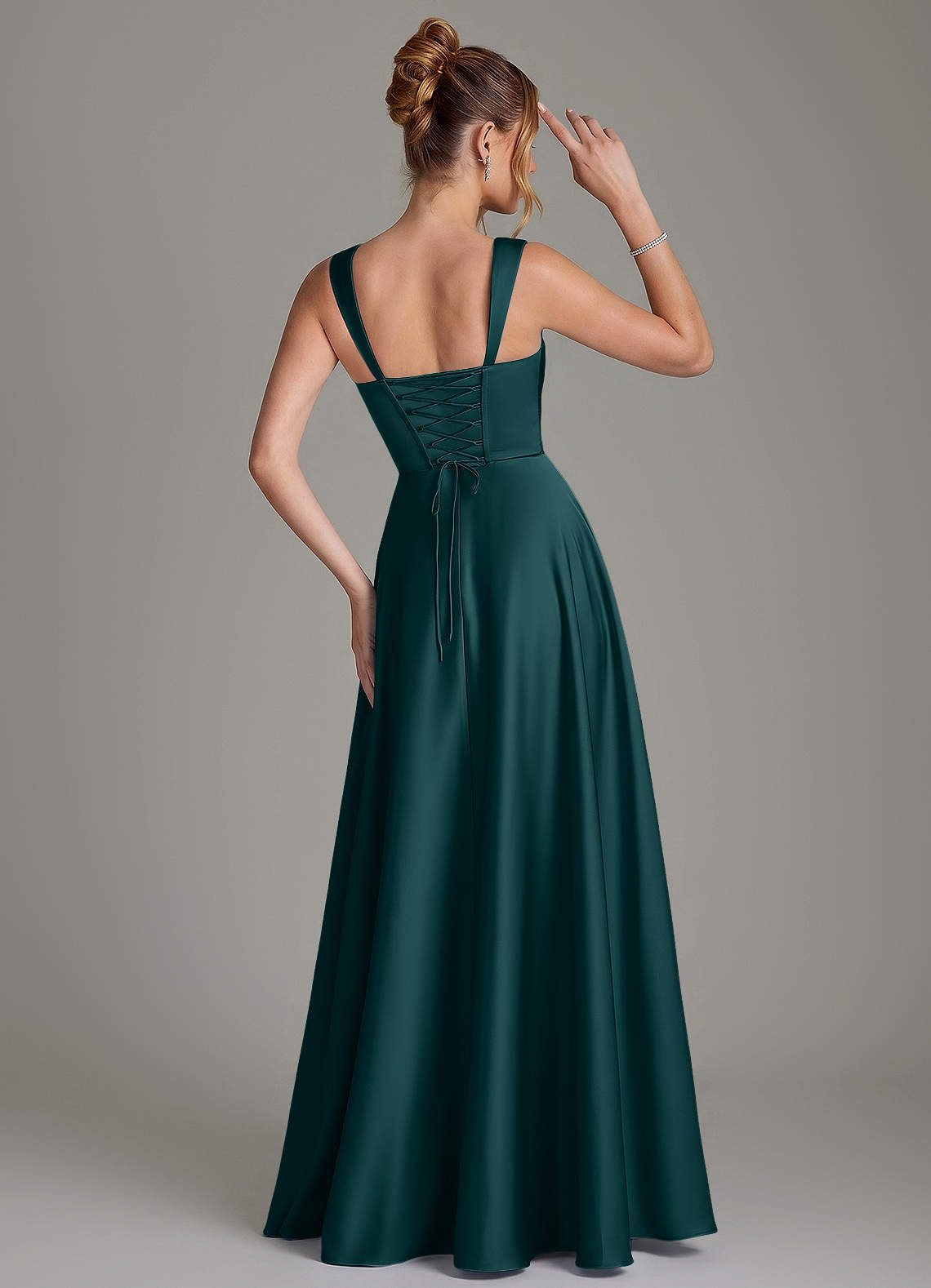 flattering bridesmaid dresses Azazie Azaria Pine Stretch Satin Summer