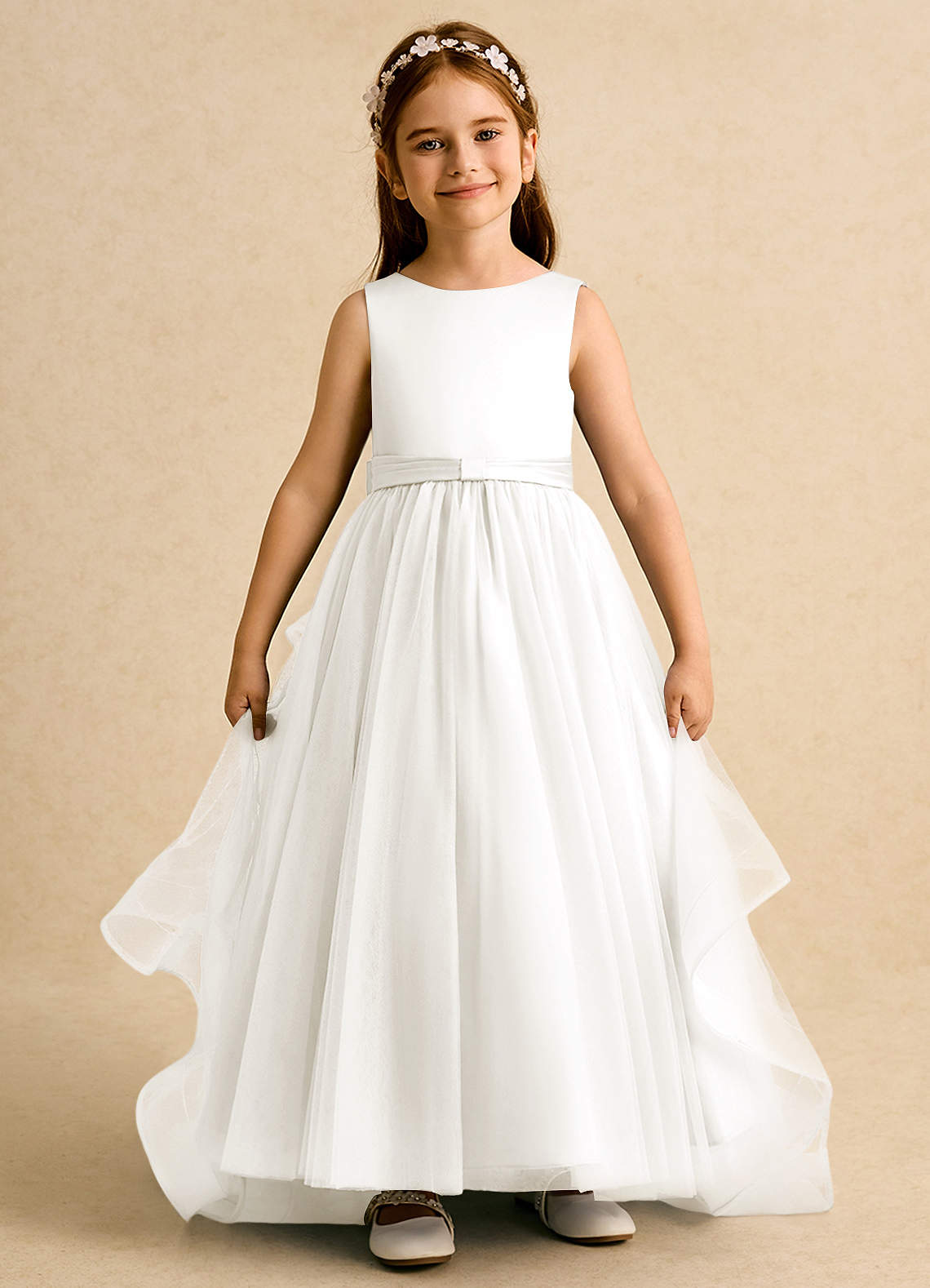 Azazie Lior Robe Demoiselle D'honneur Fillette Robe Princesse en Tulle Plissée Ivoire image1