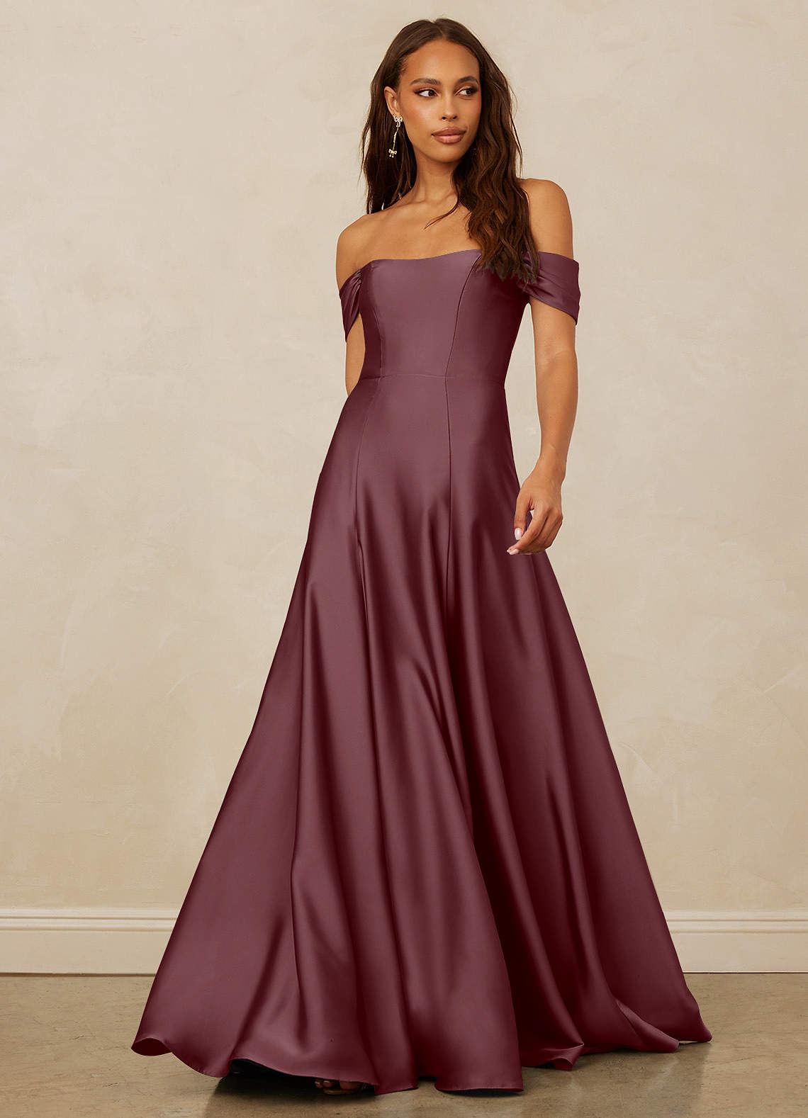 Christian Siriano Bridal for Azazie 1002 Bridesmaid Dresses Sangria A-Line Off the Shoulder Stretch Satin Convertible Dress image1