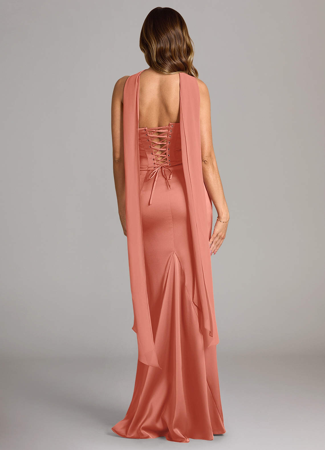 Azazie Sorrel Vestidos de madrinha de casamento Vestido Rosa Salmão de Cetim elástico de sereia com Sem alças image2