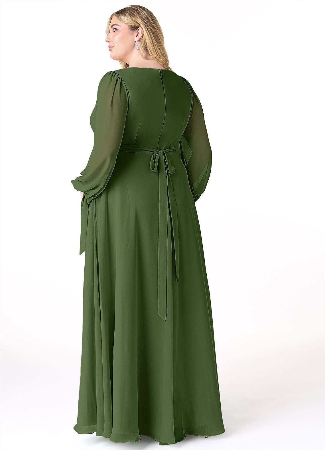 Azazie Leonia Bridesmaid Dresses Olive A-Line Long Sleeve Chiffon Dress image8