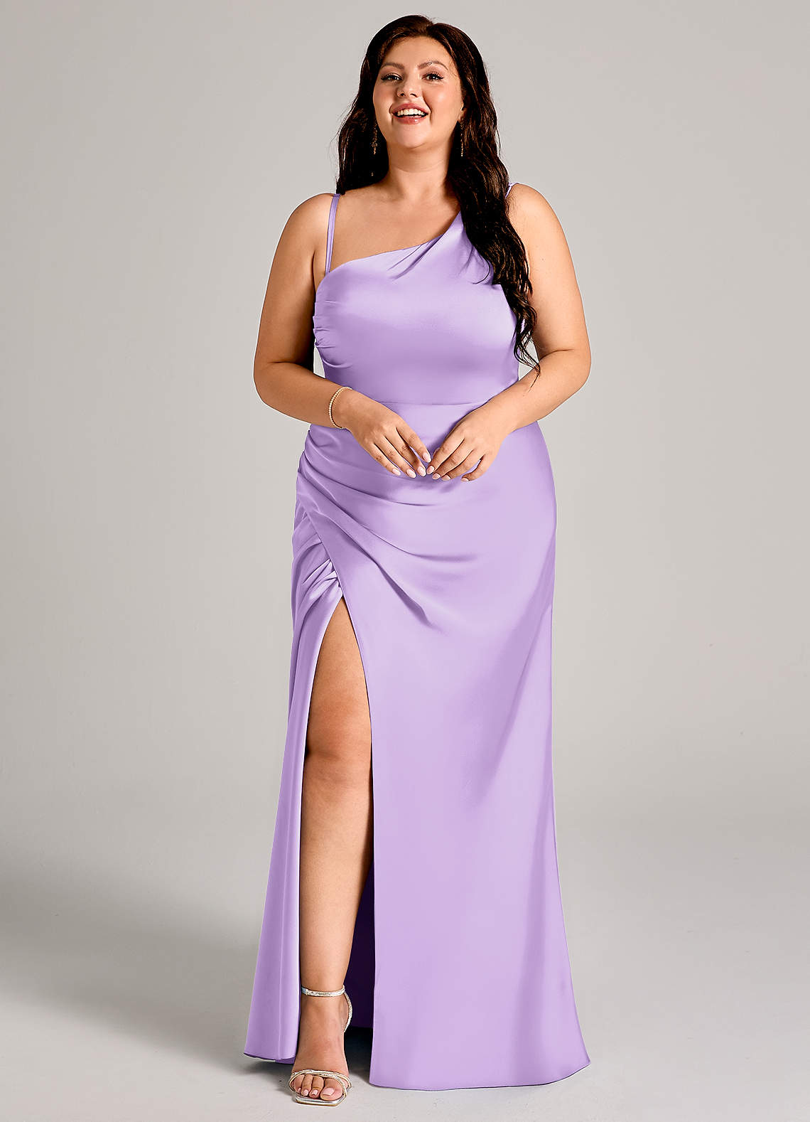 Azazie Madelyn Bridesmaid Dresses Lilac Mermaid One Shoulder Stretch Satin Convertible Dress image14