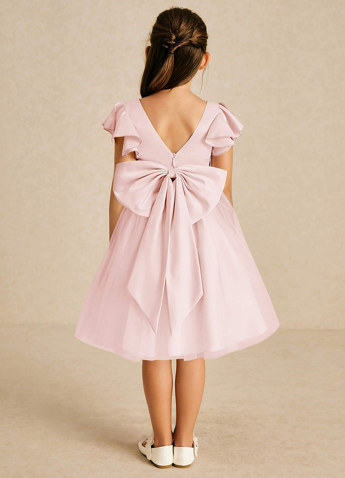 Azazie Kaeya Flower Girl Dresses Blushing Pink A-Line Bow Tulle Dress image1