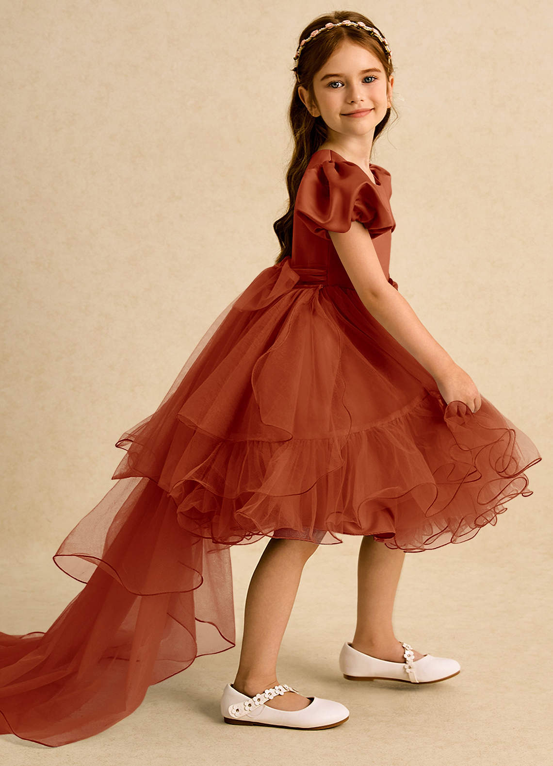 Azazie Cocoa vestidos de niña de las flores Vestido de Pimenton de Tul de Princesa con Plisado image1