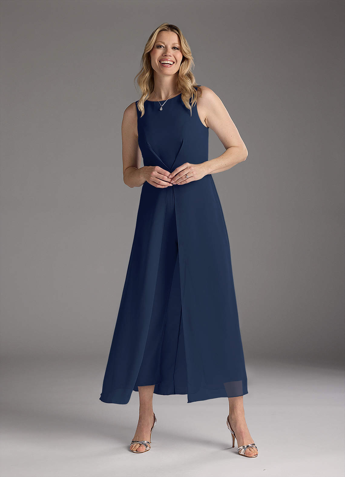 Azazie Anitta Mother of the Bride Dresses Dark Navy Jumpsuit/Pantsuit Pleated Stretch Crepe Dress image2