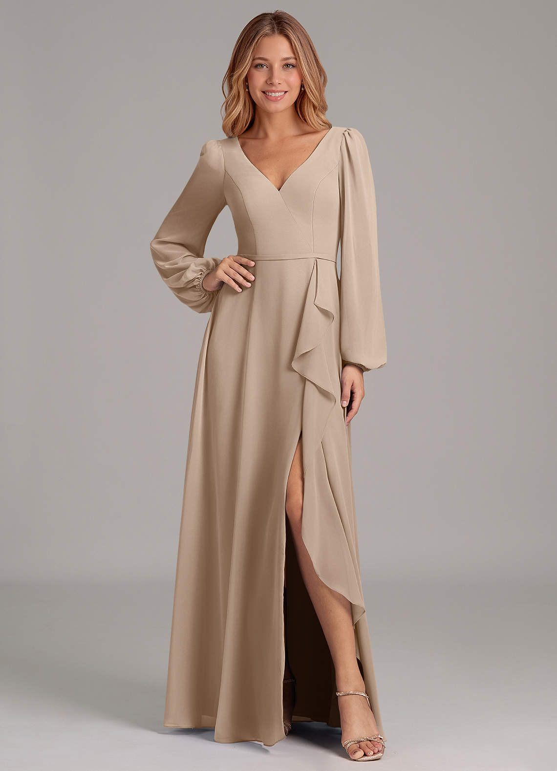 Azazie Simone Bridesmaid Dresses Taupe A-Line Long Sleeve Chiffon Dress image1