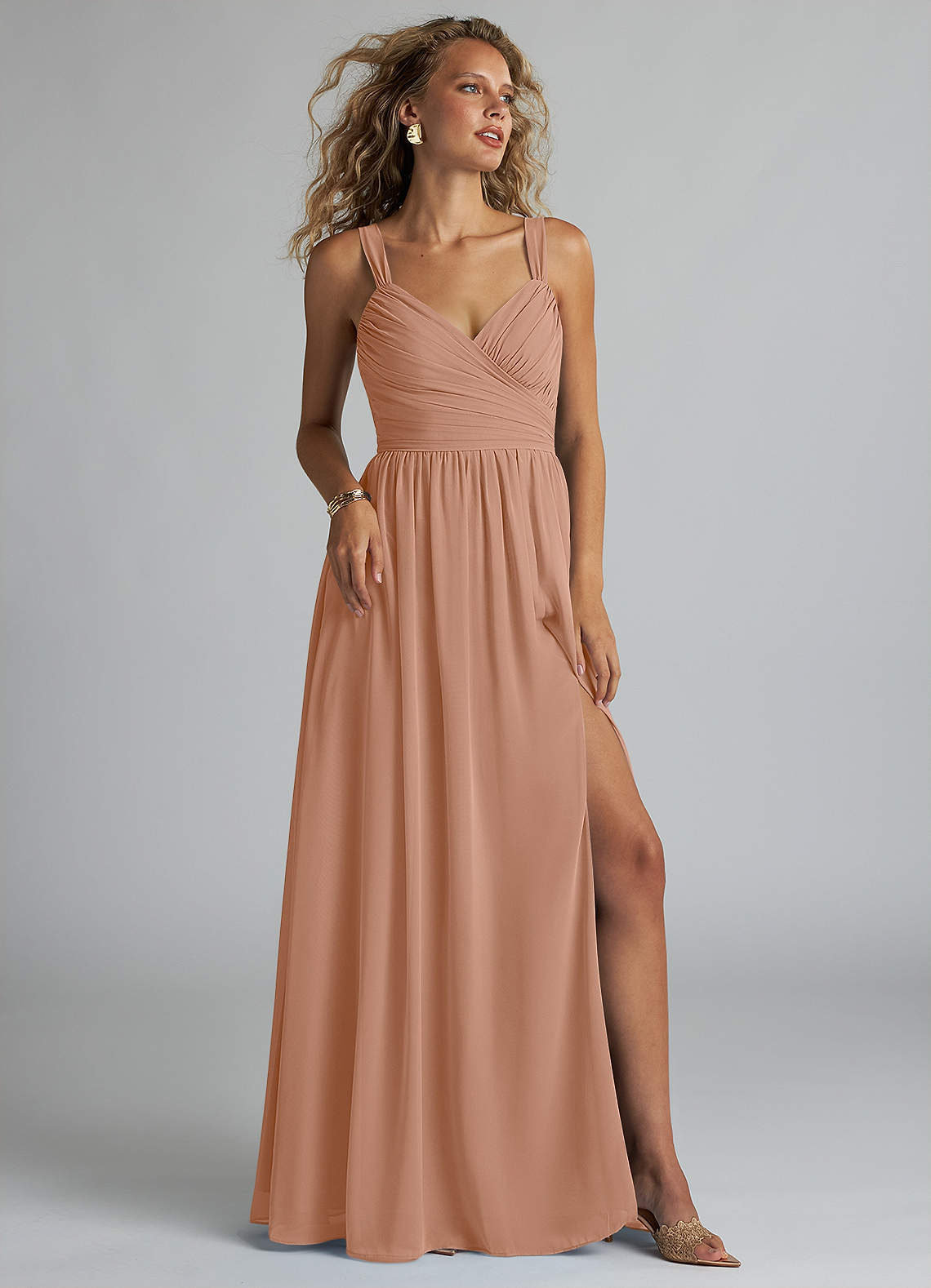 Azazie Aziza Bridesmaid Dresses Champagne Rose A-Line V-Neck Pleated Chiffon Dress image1