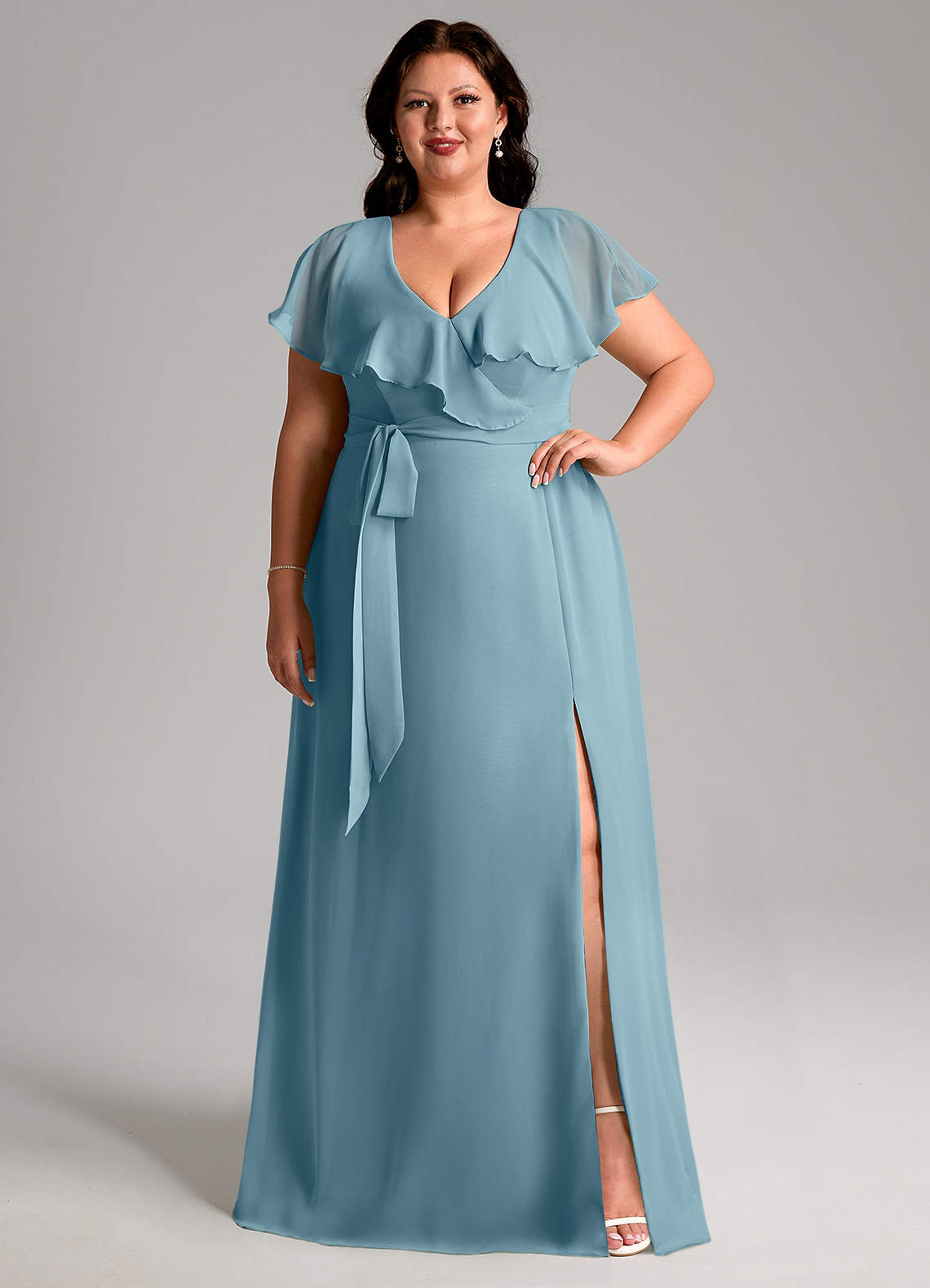 Azazie Lainey Bridesmaid Dresses Moody Blue A-Line with Pockets Chiffon Dress image1