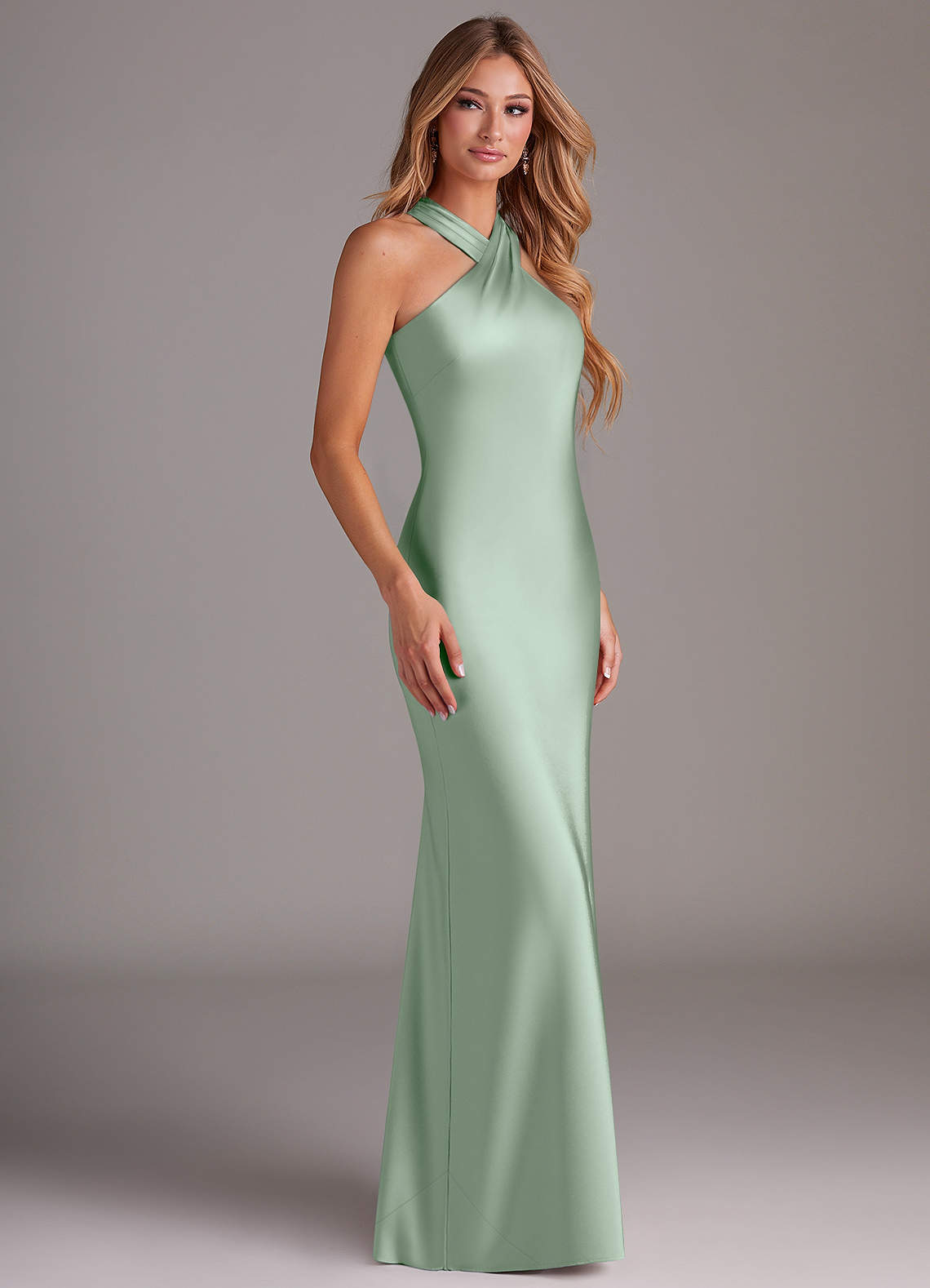 Azazie Doretta Bridesmaid Dresses Agave Mermaid Pleated Stretch Satin Dress image2