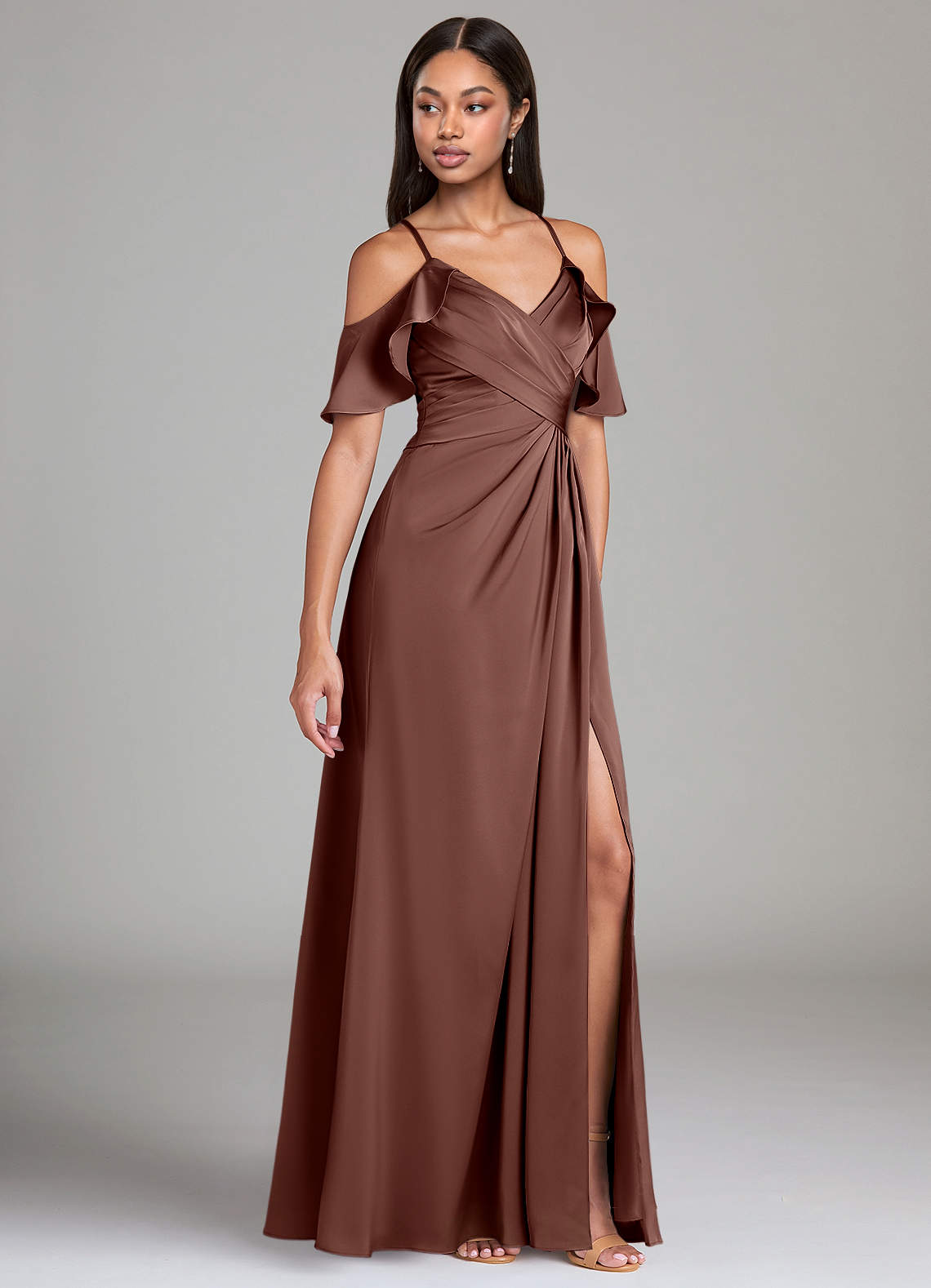 Azazie Dakota Bridesmaid Dresses Espresso A-Line Off the Shoulder Stretch Satin Dress image1