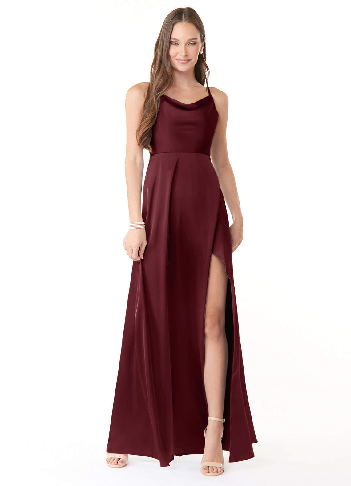 Azazie Naomie Bridesmaid Dresses Cabernet A-Line Cowl Neckline Side Slit Stretch Satin Dress image1