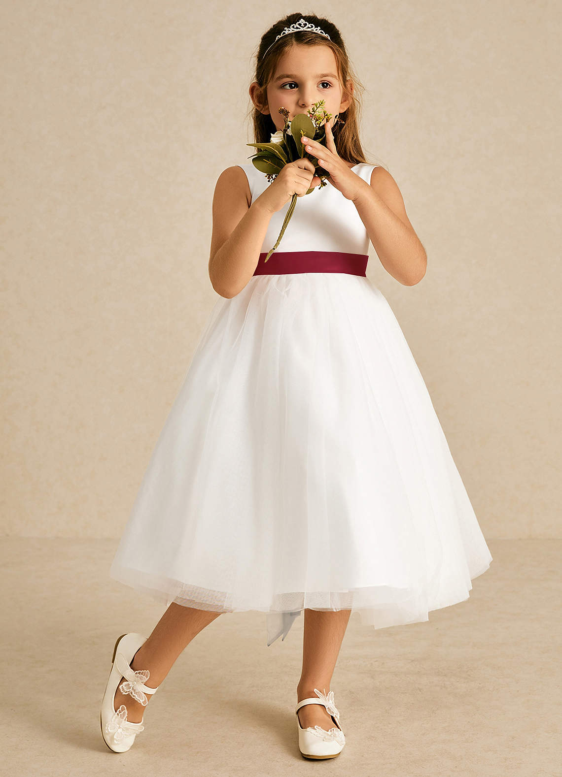 Azazie Kavi Flower Girl Dresses Ivory Burgundy A-Line Bow Matte Satin Dress image2