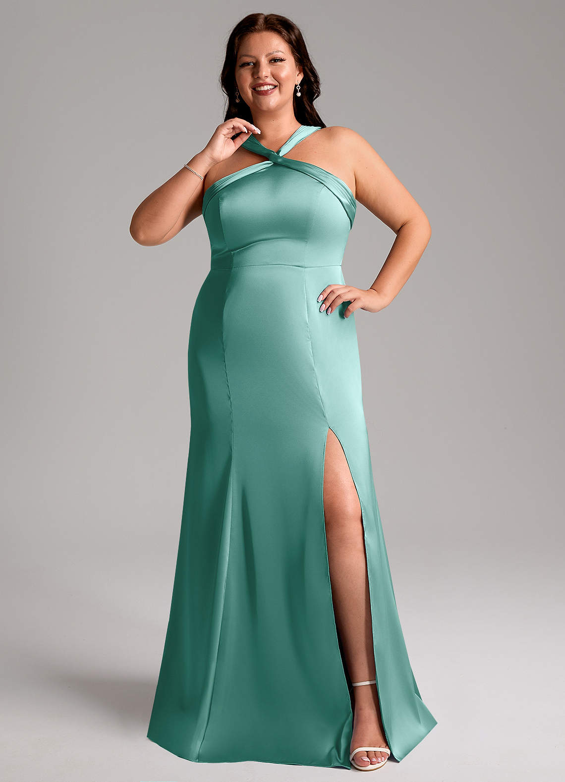 Azazie Rue Bridesmaid Dresses Aqua Mermaid Pleated Stretch Satin Dress image1
