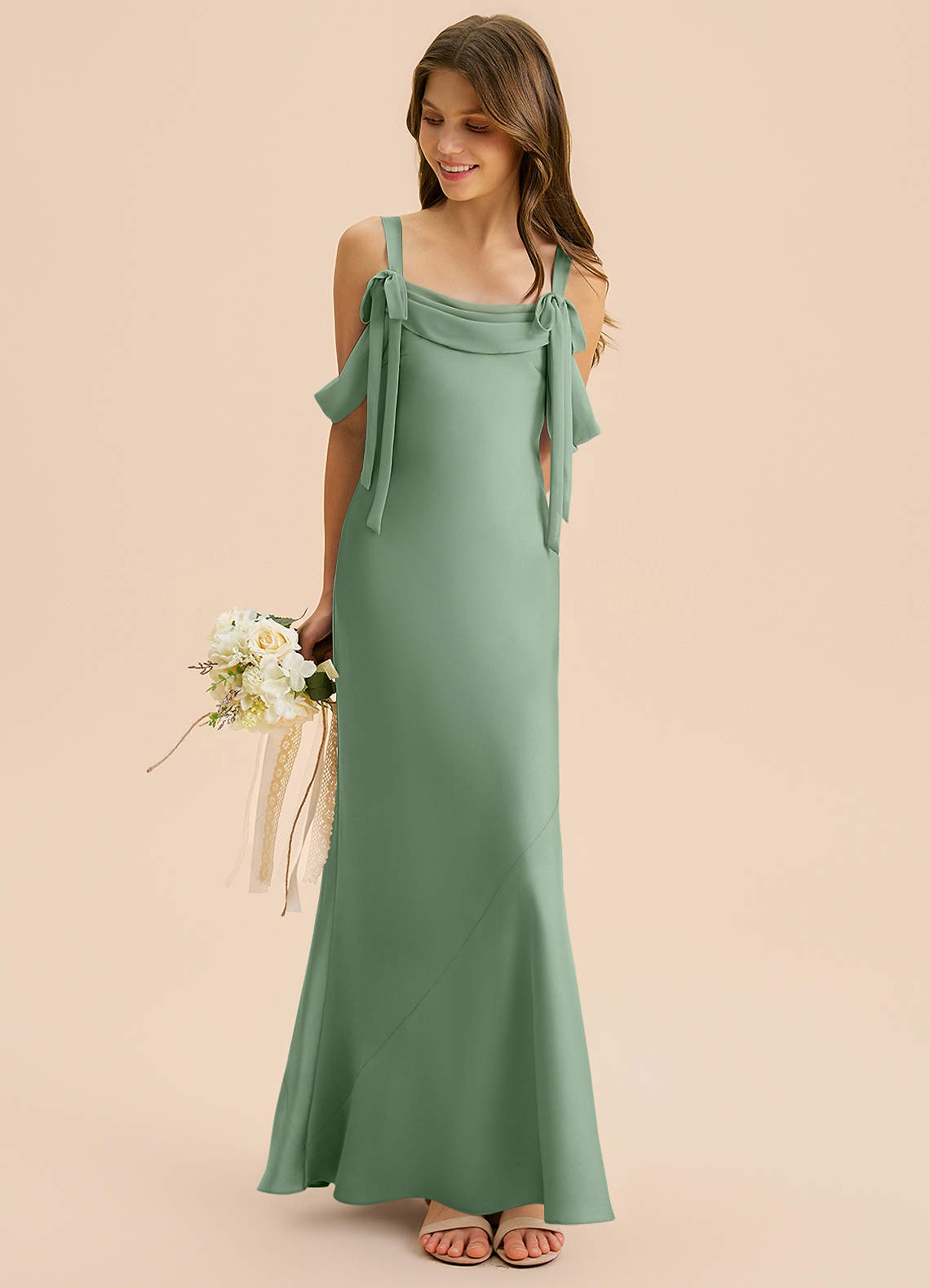 Azazie Bellalina Junior Syrena Pofałdowany Satyna elastyczna Długość podłogi Młodsza druhna Sukienka image3