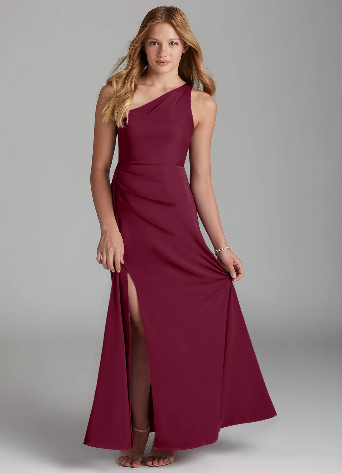 Azazie Maron Junior Mulberry A-Line Pleated Stretch Satin Dress image1
