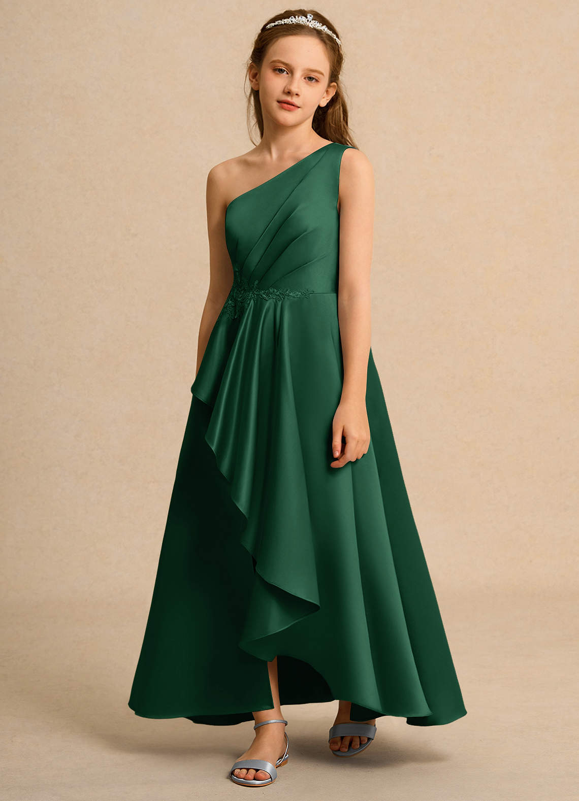 Azazie Taffy Girl Flower Girl Dresses Dark Green A-Line Lace Matte Satin Dress image1