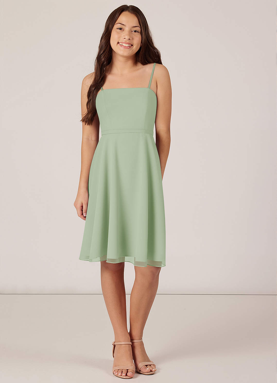 Azazie Kalie Junior Dusty Sage A-Line with Belt Chiffon Dress image1