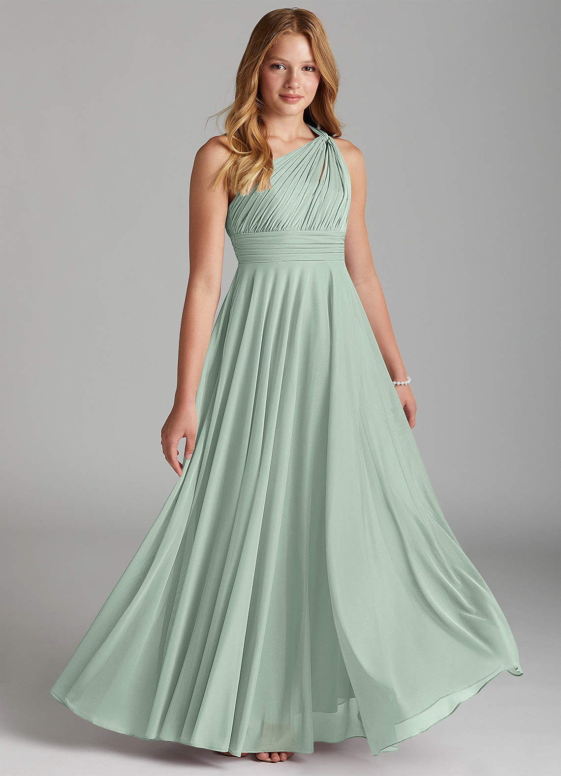 Azazie Charlize Junior Agave A-Line Mesh Dress image1