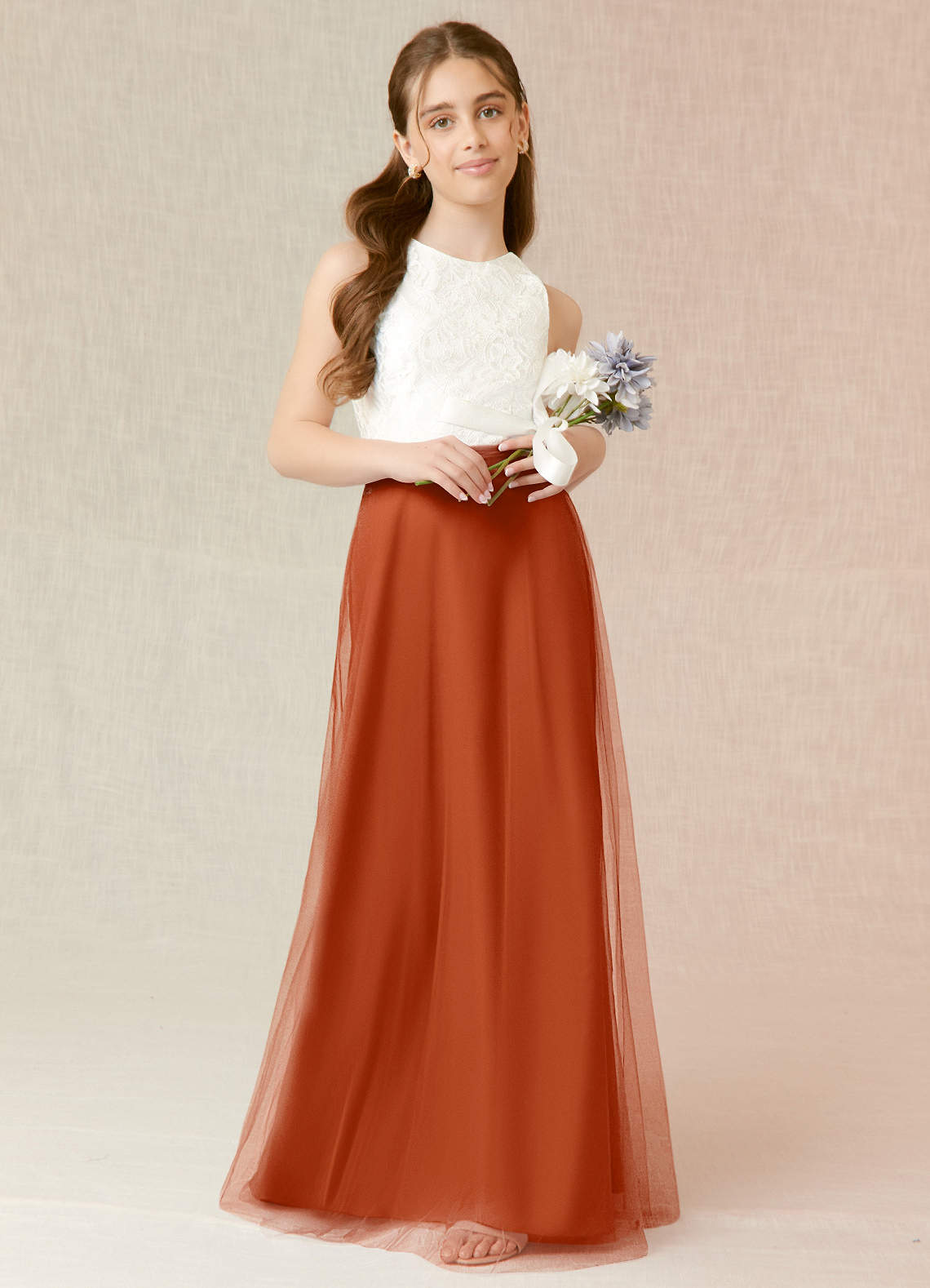 Azazie Albertine Junior Burnt Orange A-Line Lace Chiffon Dress image1
